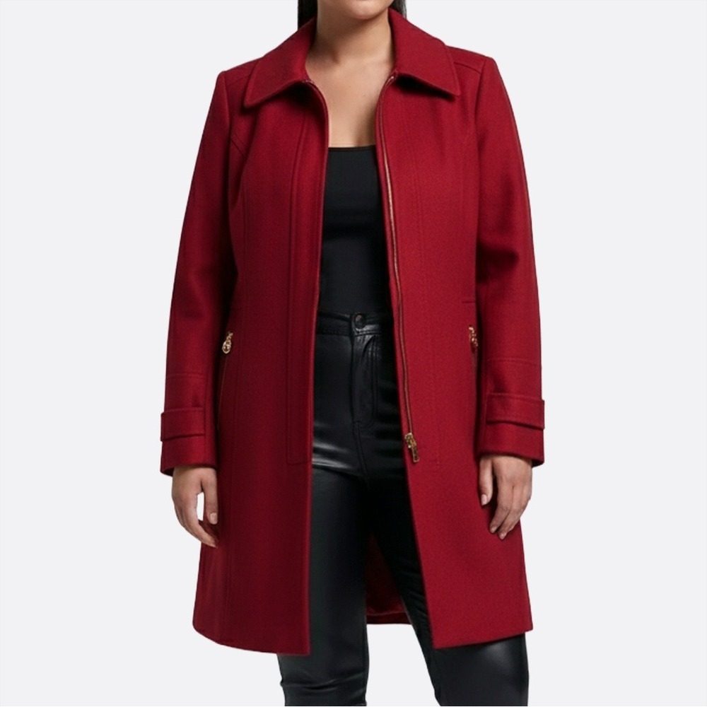 Michael Kors Ruby‎ Red Wool Hooded Zip Coat Jacket 0X L Designer Quiet Luxury